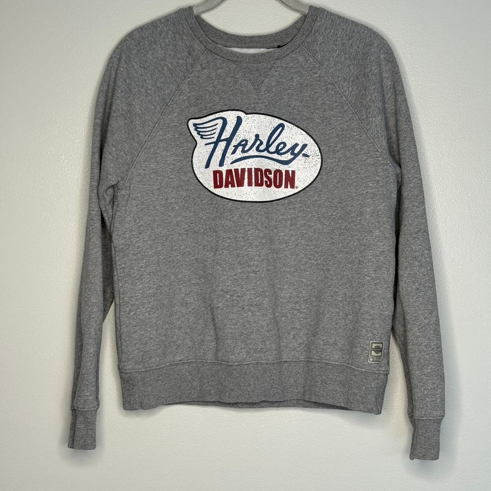 Harley Davidson Women Gray Long Sleeve Graphic Sweatshirt Pullover Top Vtg Moto